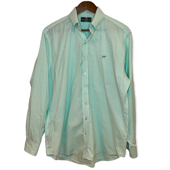 Southern Point Green Gingham Plaid Preppy Dress Shirt Embroidered Dog Sz Medium - Picture 2 of 7